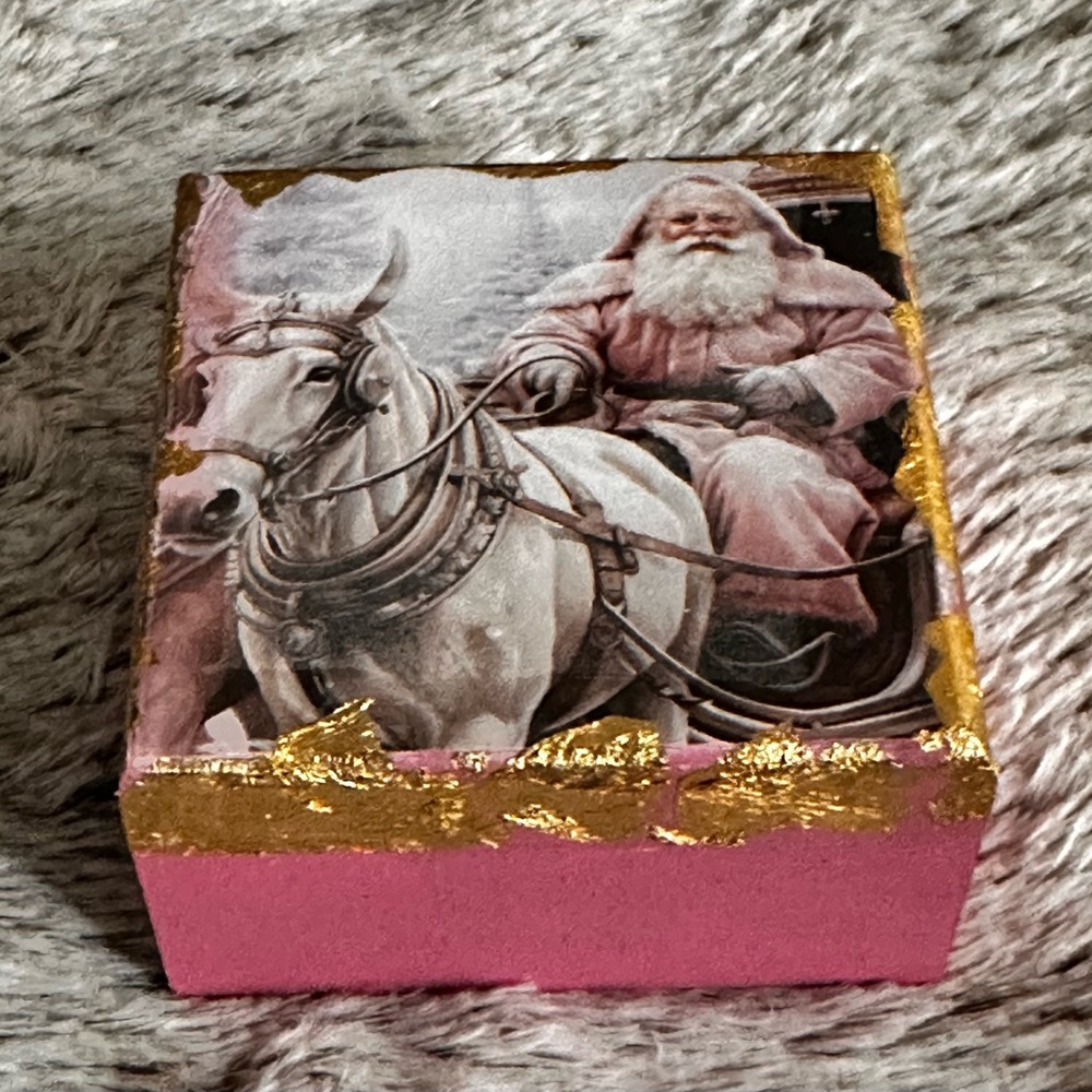 Hand crafted Santa Claus pink wooden trinket box